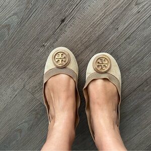 Tory Burch Beige Loafers with Gold Emblem